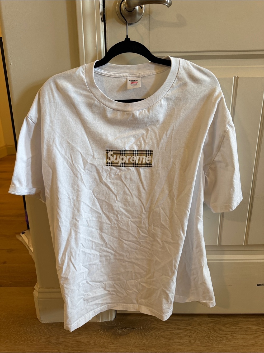 Burberry x Supreme White Short Sleeve Tee with Beige Check Logo